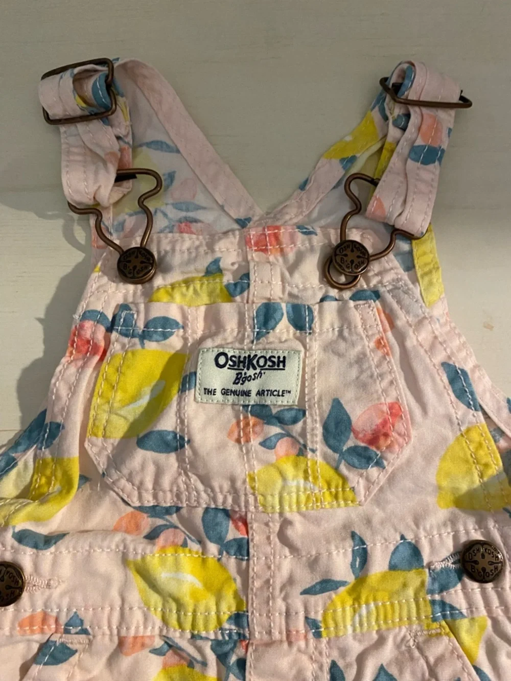 OshKosh B'gosh Pastel Pink Lemon-Print Short Overalls